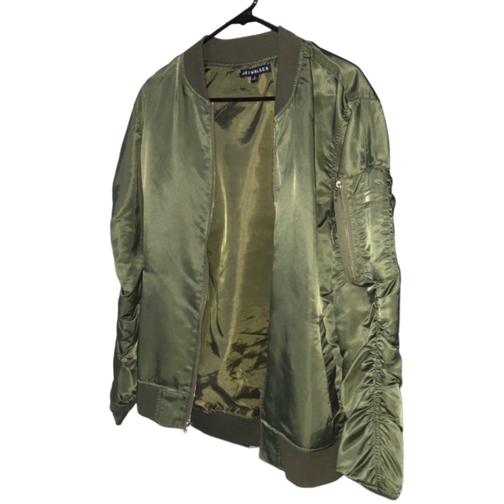 Women's Bomber Jacket Scrunched Sleeves Lightweight Summer Coat Olive Green Top